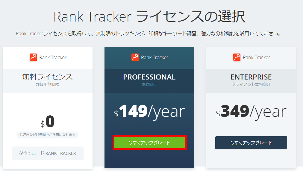 Rank Tracker Professionalライセンスの選択